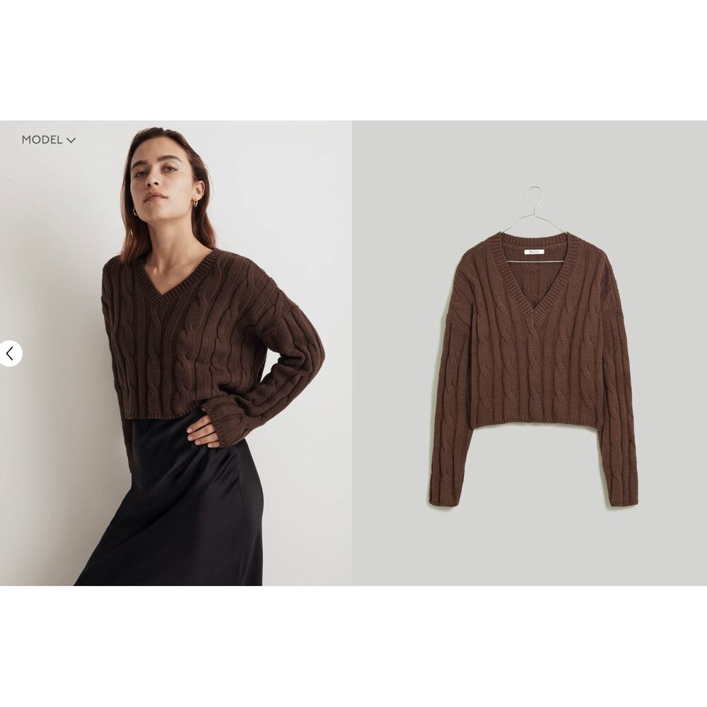 Madewell Cable-Knit V-Neck Crop Sweater Dark Coffee Brown sz XL